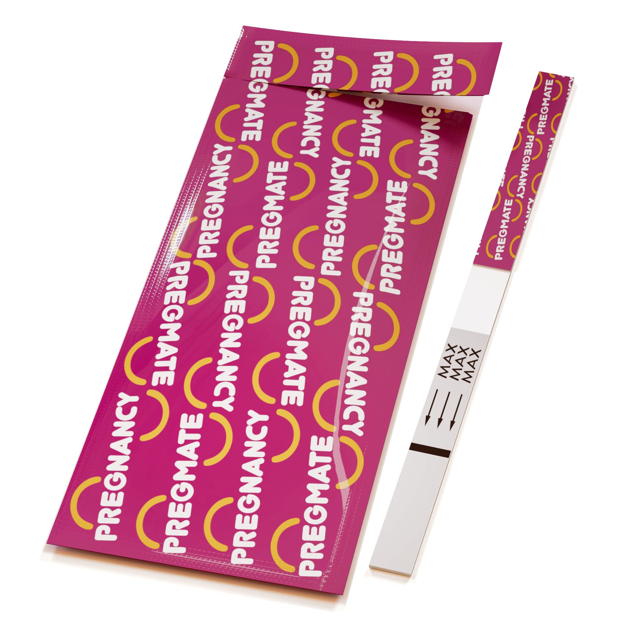 Close-up of PREGMATE test strips showing clear result windows.
