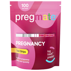 PREGMATE packaging for 100 pregnancy test strips, convenient at-home testing.