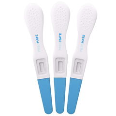 Pregmate ovulation midstream test strip closeup shows clear result lines.