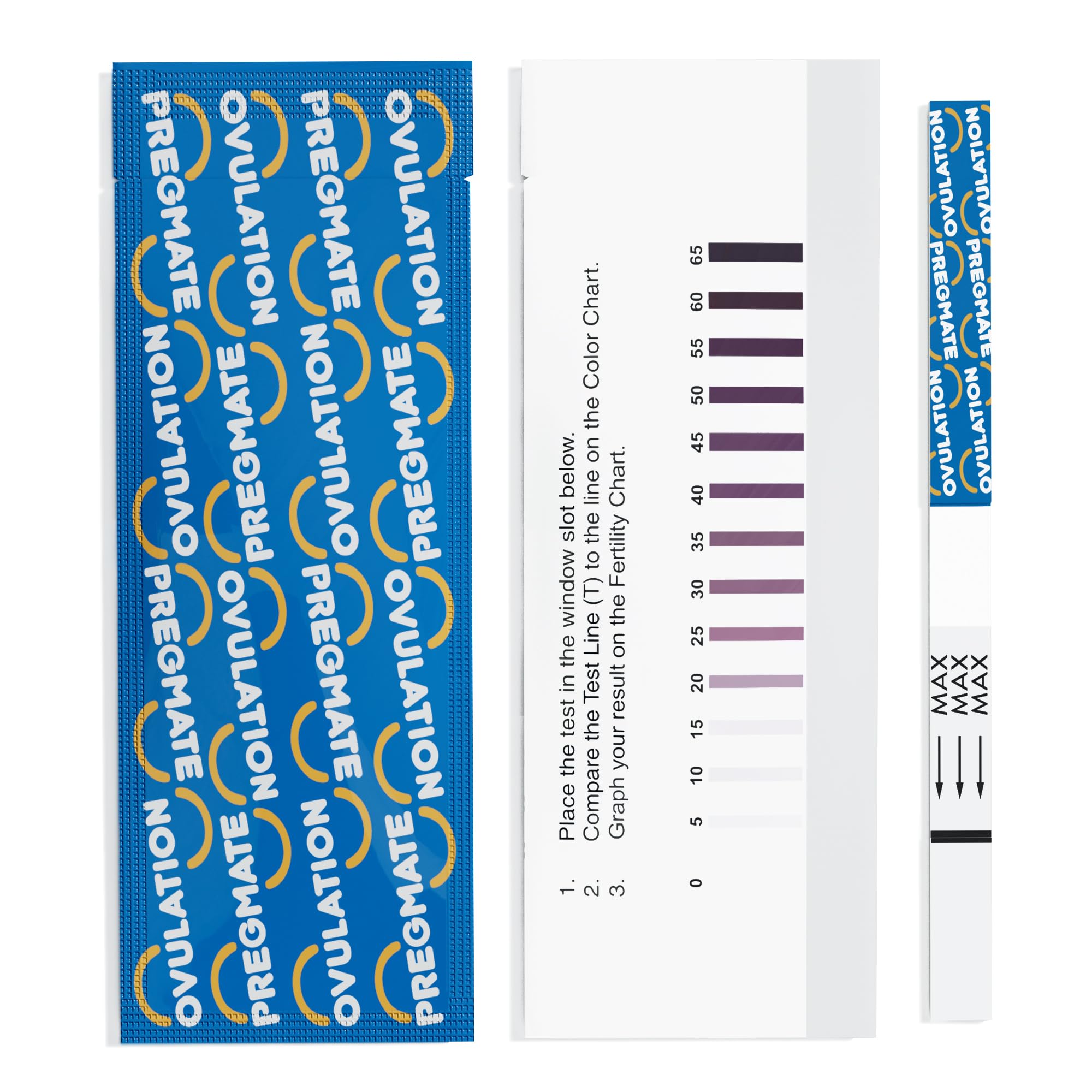 Pregmate ovulation test strips 100-count show clear results for planning fertile window.