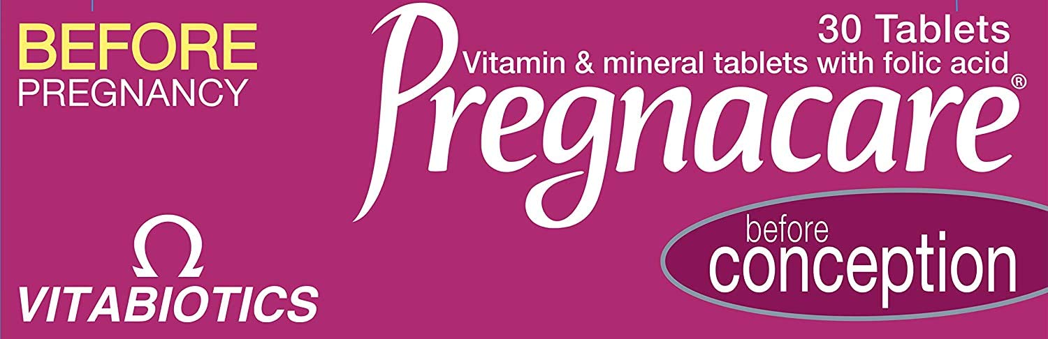 Pregnacare Before Conception bottle closeup highlighting sustained-release vitamins and folic acid