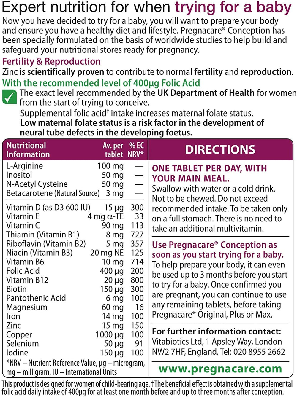 Pregnacare Conception tablets and Omega-3 capsules displayed for balanced daily micronutrient support