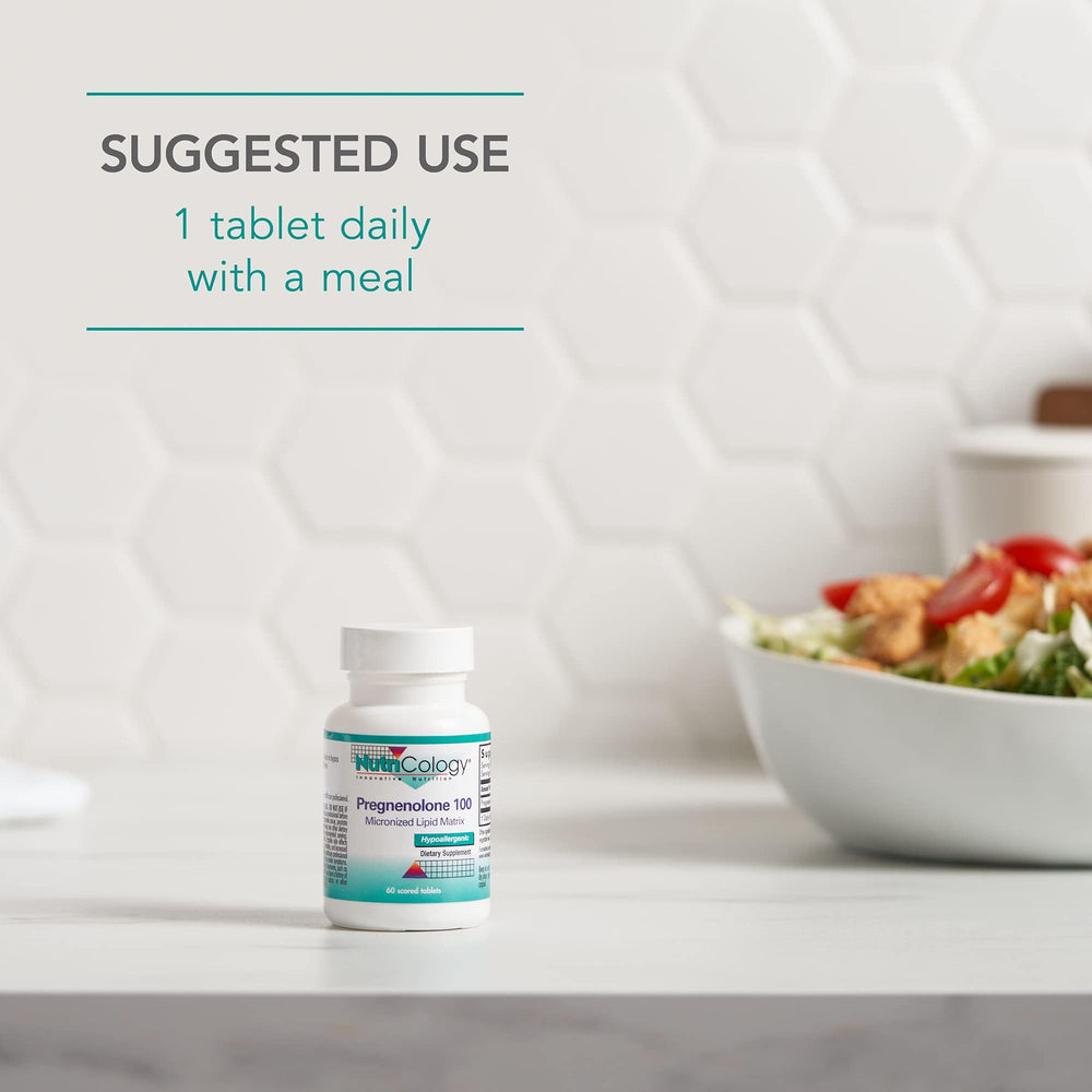 Tablets and 60-count packaging glimpse for Nutricology Pregnenolone.