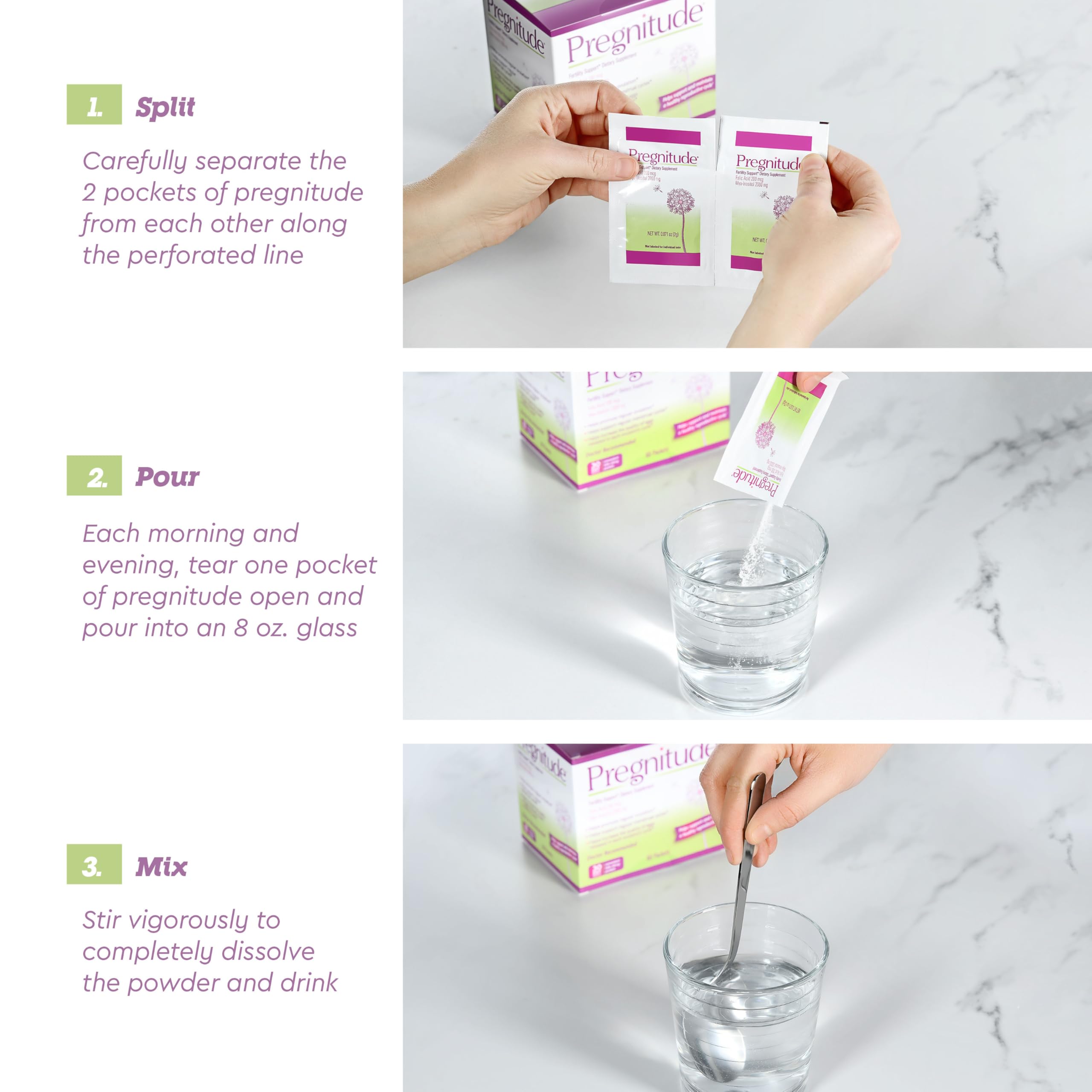 Close-up of Pregnitude packets dissolving easily in water.