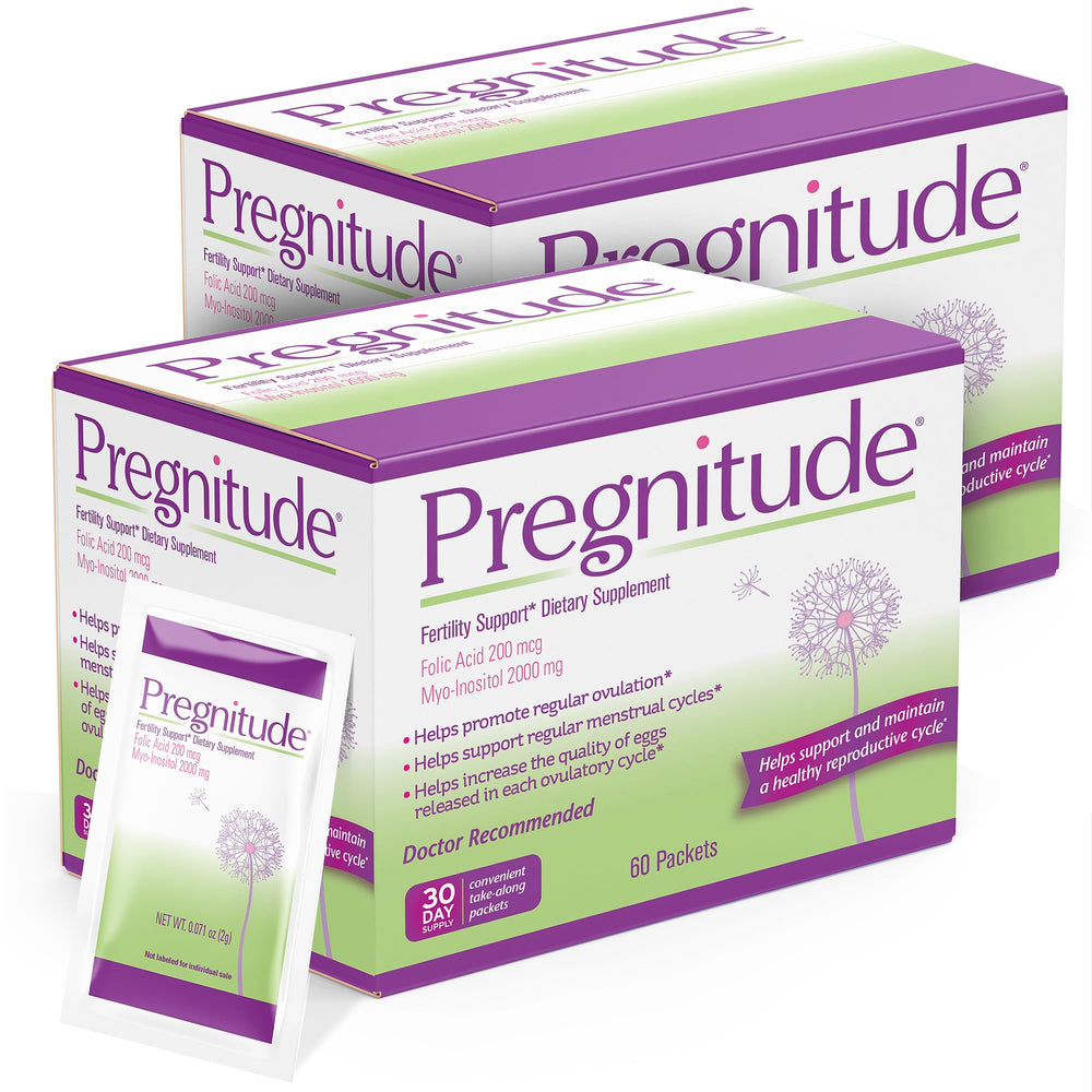 Pregnitude Reproductive Support bottle with 120 packets for easy daily use and cycle regularity.