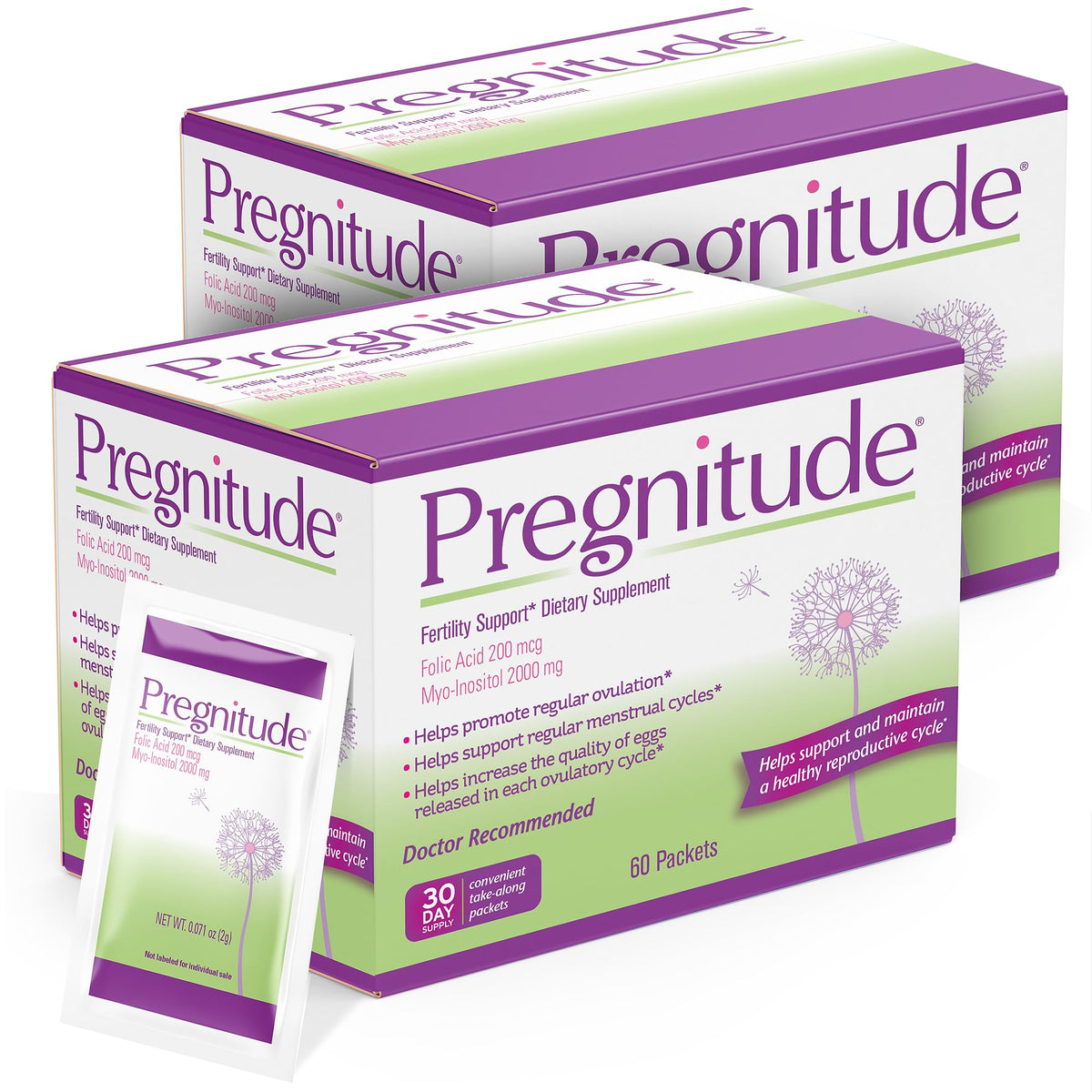 Pregnitude Reproductive Support bottle with 120 packets for easy daily use and cycle regularity.