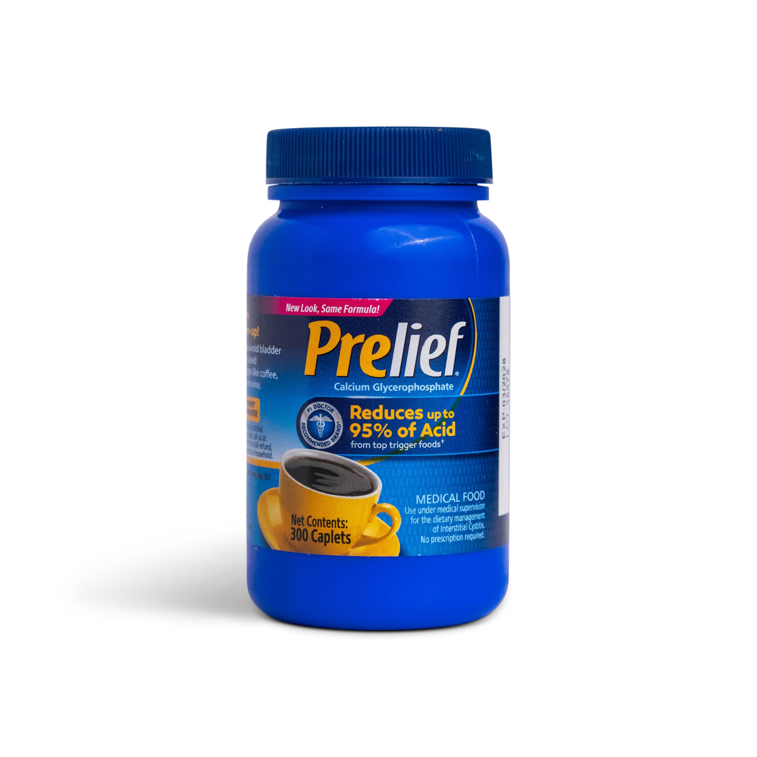 Prelief acid reducer caplets bottle shown, potential to ease acidity in meals.