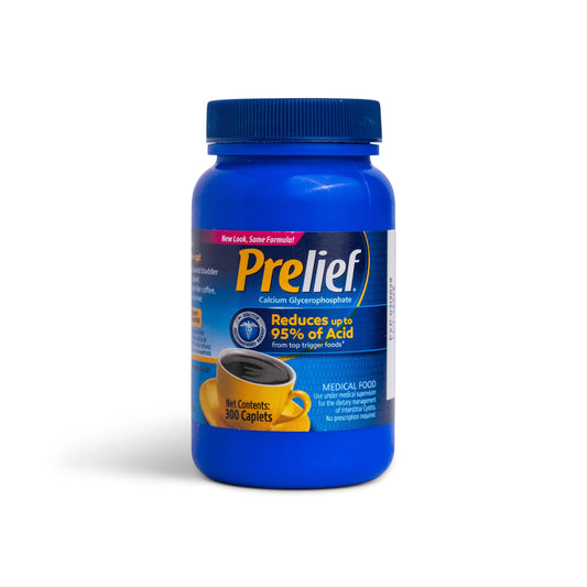 Prelief acid reducer caplets bottle shown, potential to ease acidity in meals.