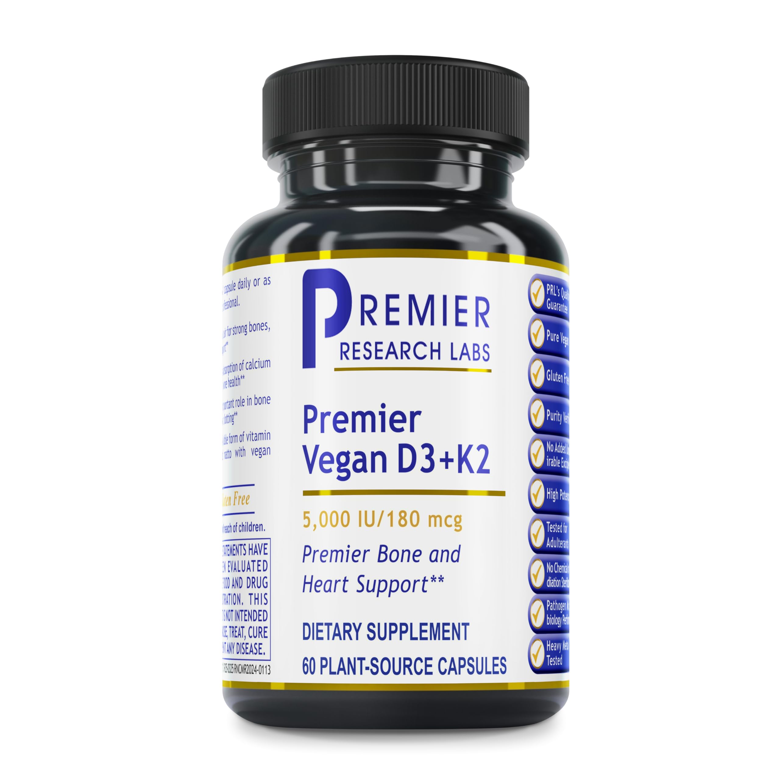 Premier Research Labs Vegan D3+K2 bottle front with capsules for bone support
