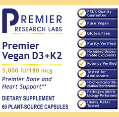 Pouring Premier Research Labs Vegan D3+K2 bottle showing easy daily dosing
