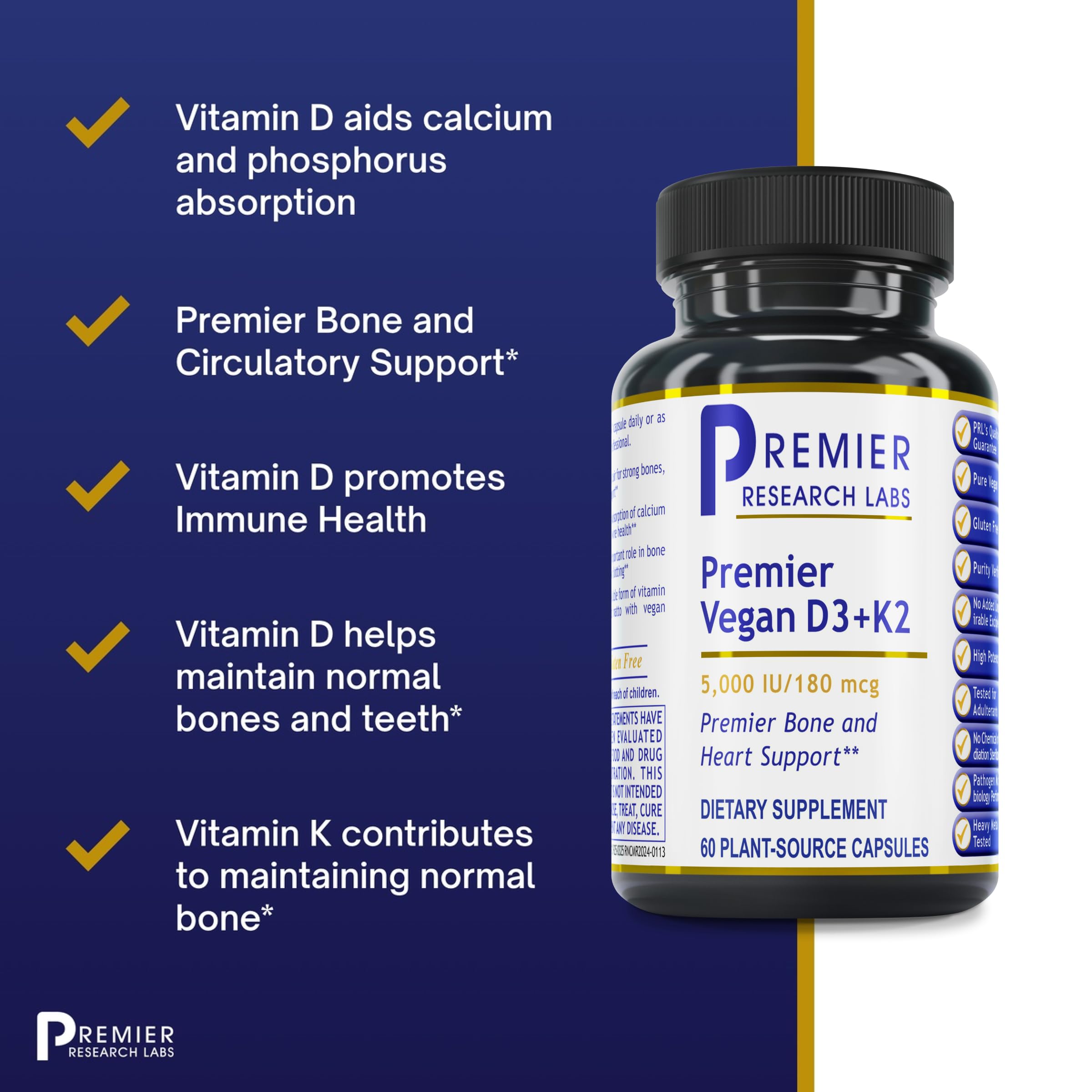 Top view of Premier Research Labs vegan D3+K2 bottle on shelf