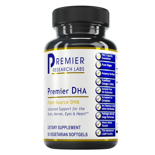 Premier DHA bottle front shows vegan algae-based omega-3 support