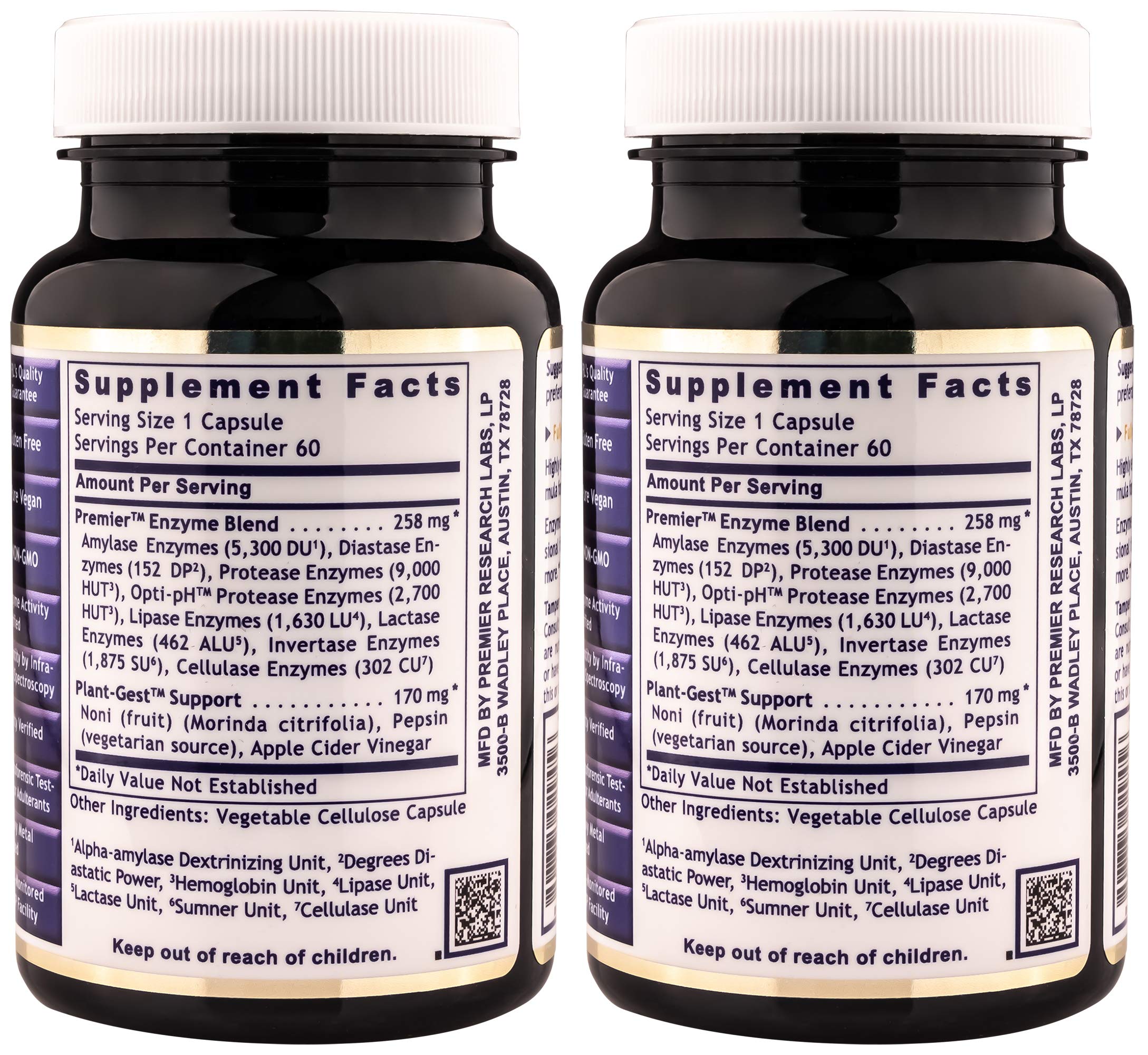 Premier Digest capsules close-up showing vegan-friendly, protein- and fat-digesting enzymes.