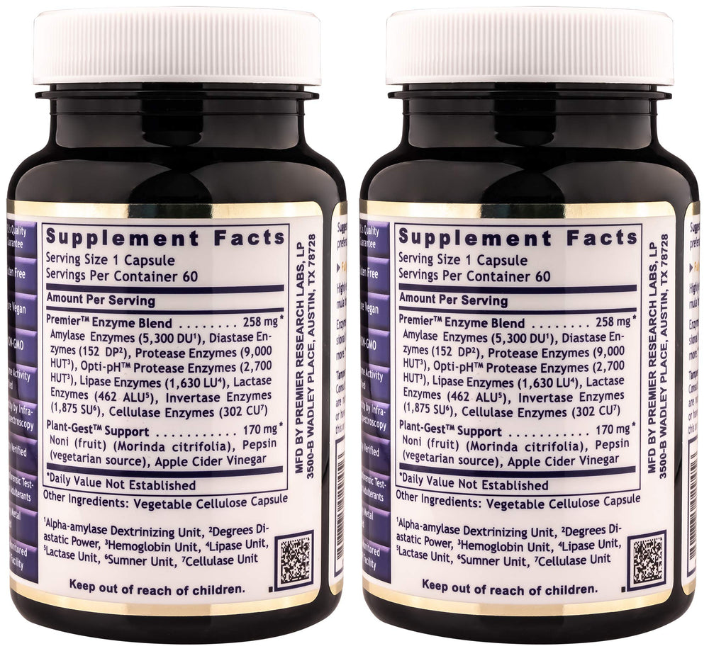 Premier Digest capsules close-up showing vegan-friendly, protein- and fat-digesting enzymes.