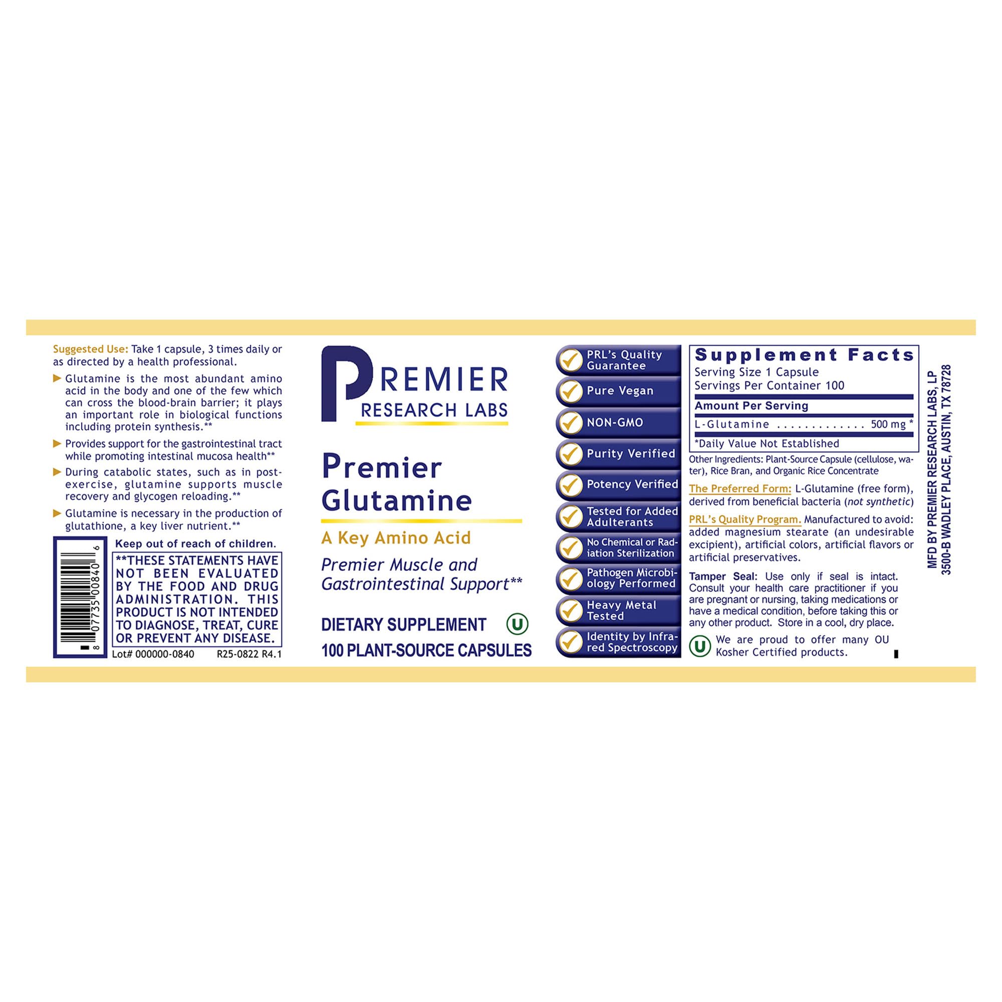 Premier Glutamine capsules in hand suitable for on-the-go use