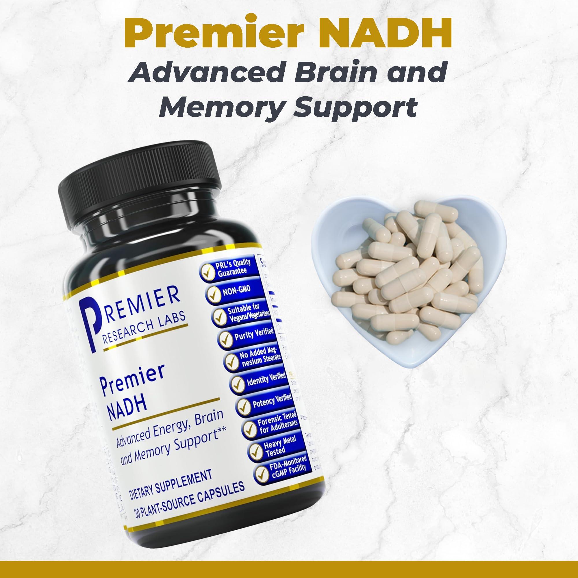 Premier Research Labs NADH capsules close-up showing 10 mg per capsule for energy support