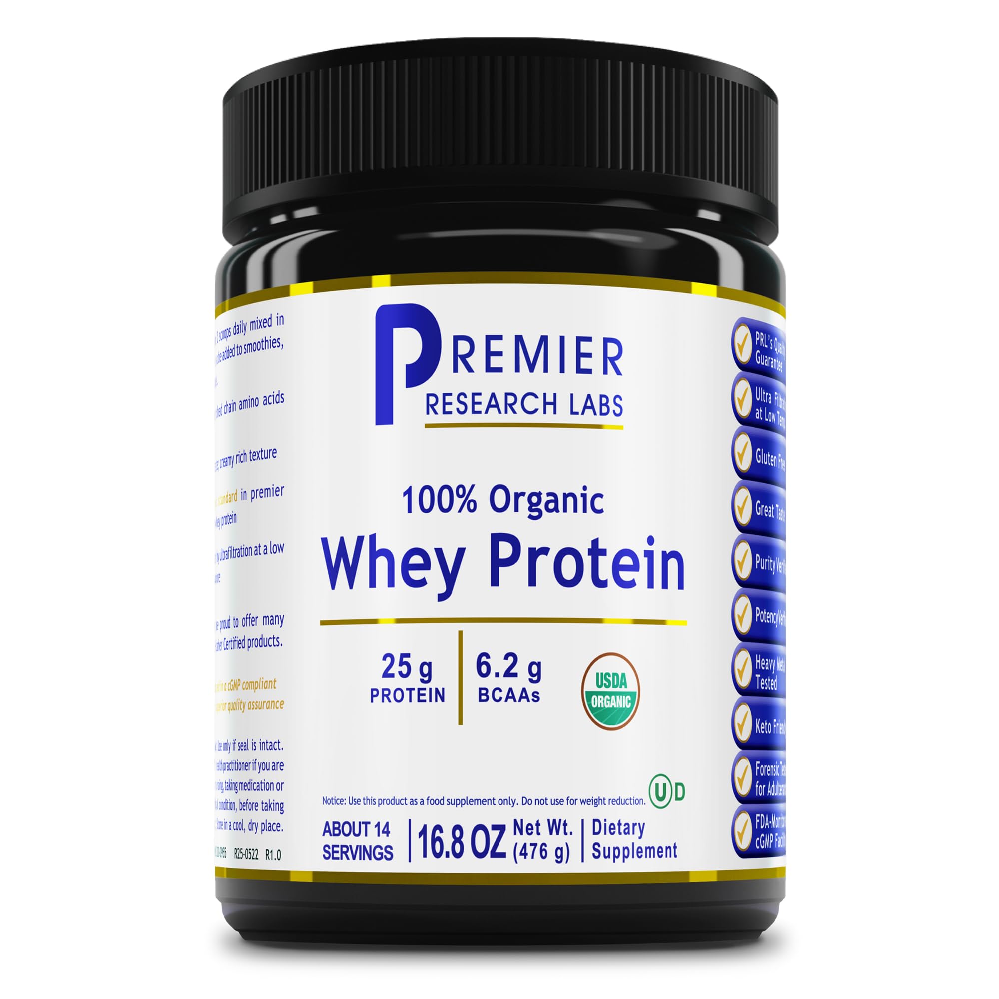 Premier Organic Whey Protein container shows clean, low-heat filtration for purity.