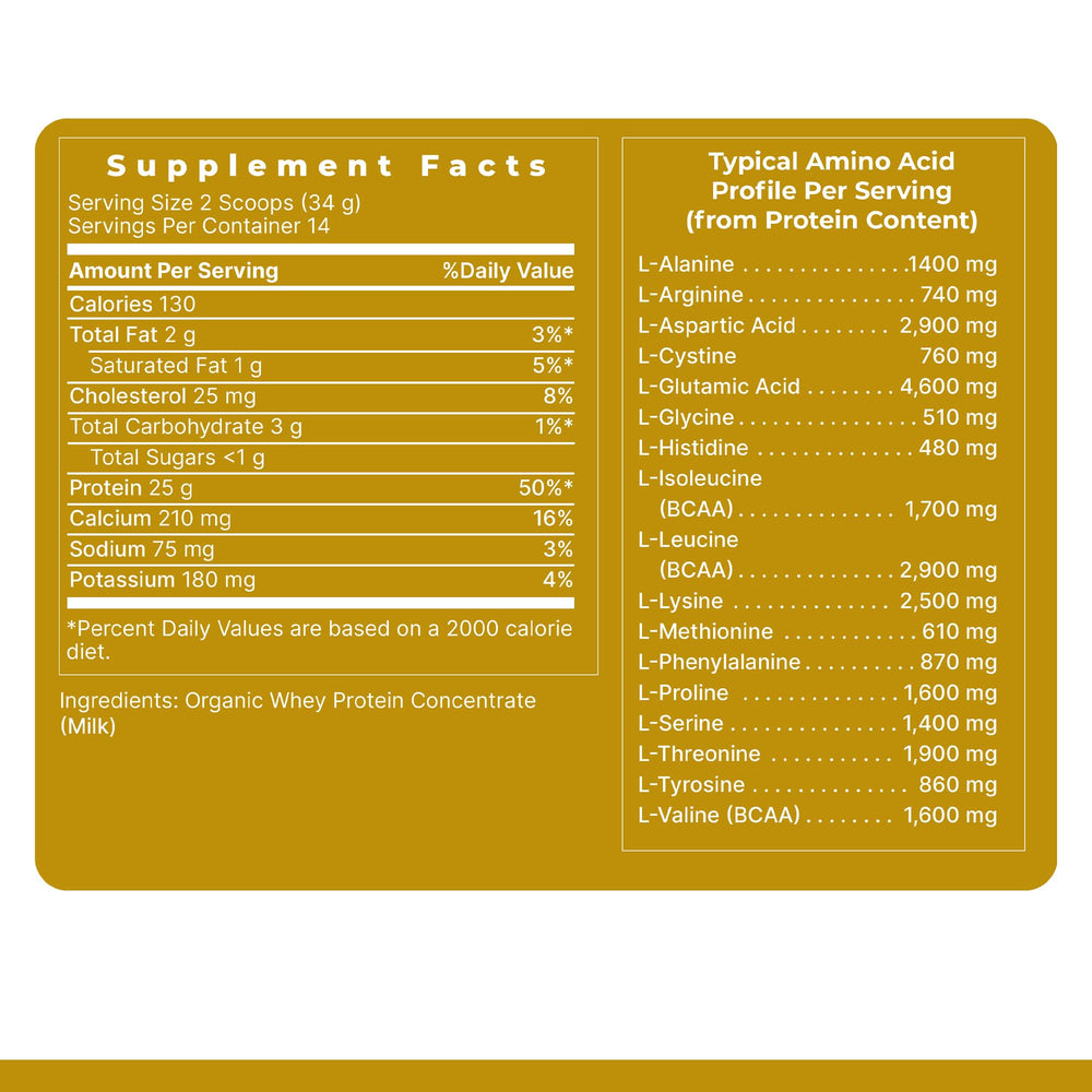 Nutrition label detail emphasizes organic dairy sourcing and low-temperature processing.