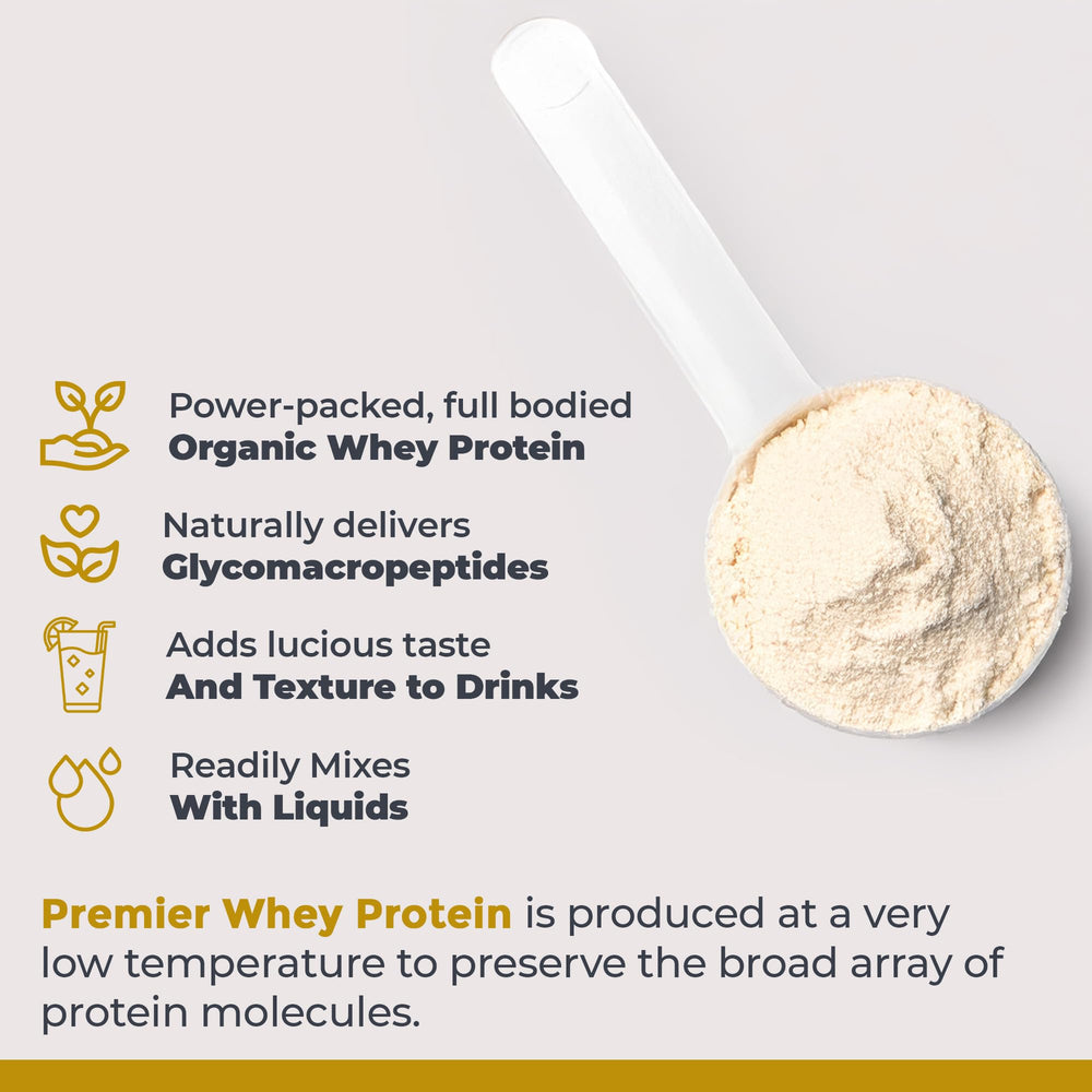 Scoop of Premier Whey Protein ready to mix into smoothies.