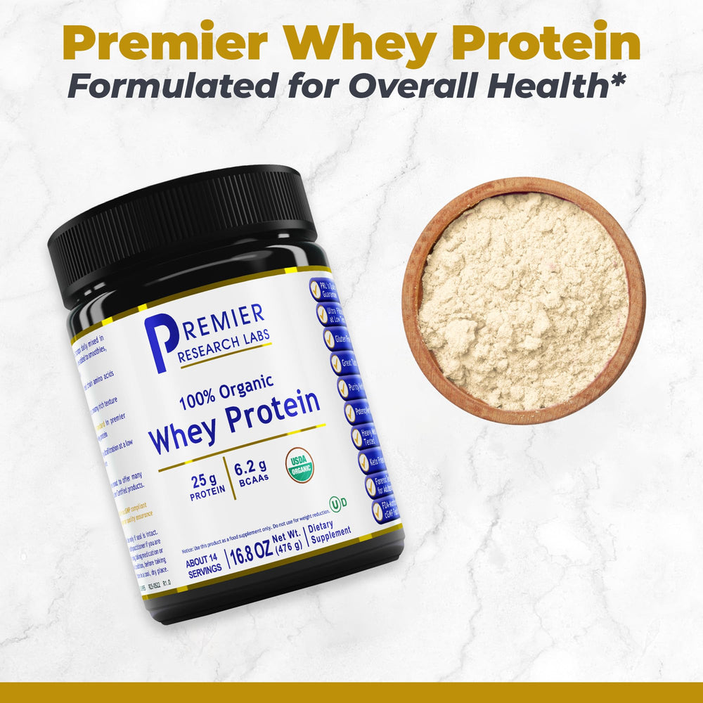Premier Organic Whey Protein tub close-up highlights single-ingredient formula.