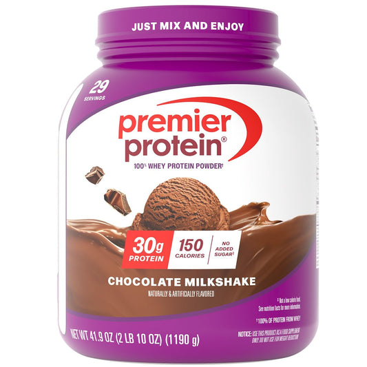 Premier Protein Chocolate Milkshake canister with 29 servings for easy daily protein.