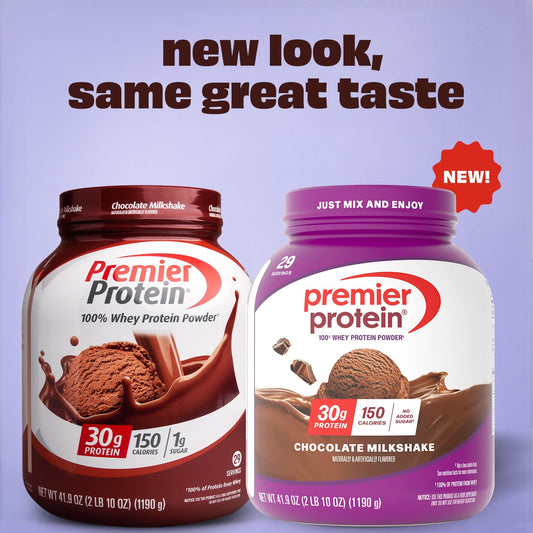 Premier Protein chocolate powder scoop showing precise serving in the canister.