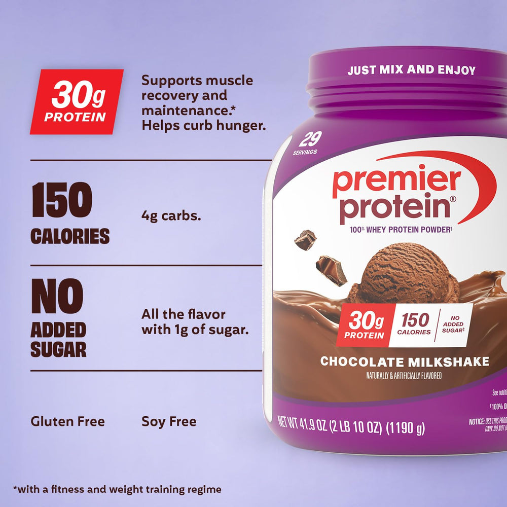 Premier Protein Chocolate Milkshake shake poured into a tall glass for quick recharge.