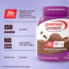 Premier Protein Chocolate Milkshake shake poured into a tall glass for quick recharge.