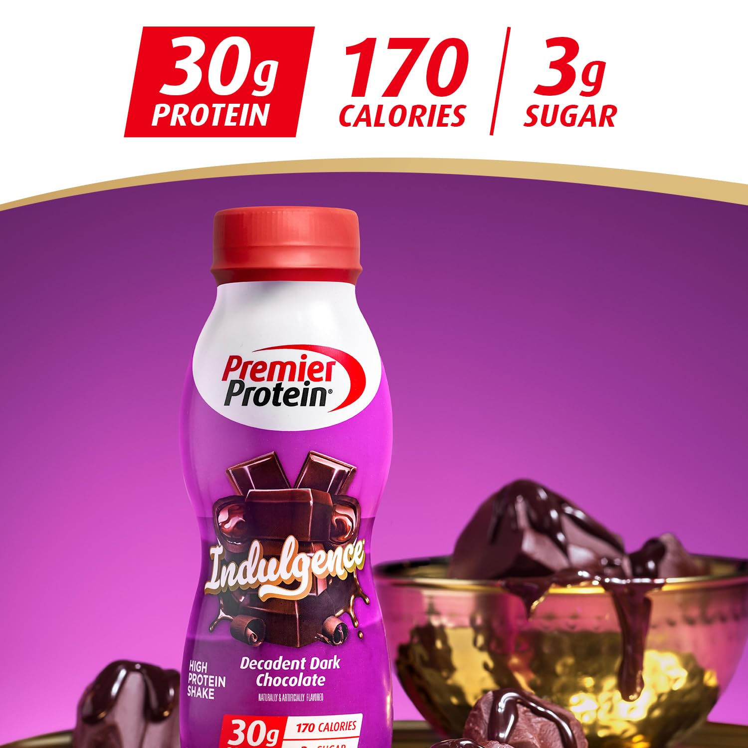 Premier Protein Indulgence Dark Chocolate nutrition facts show 170 calories and 3g sugar