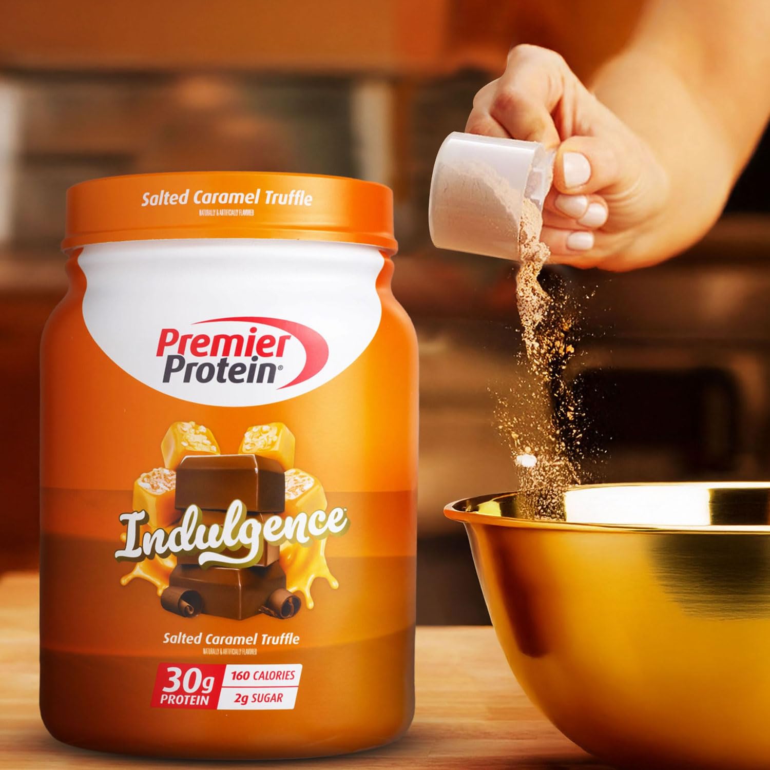 Premier Protein Indulgence Salted Caramel Truffle blended into a creamy smoothie