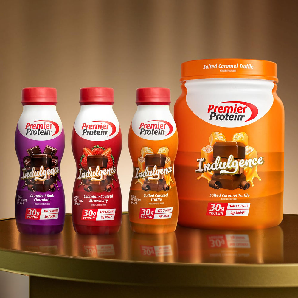 Premier Protein Indulgence salted caramel truffle pack shows easy storage and shareable portions.