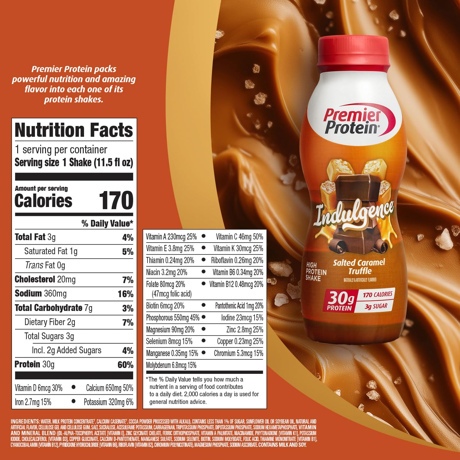 Premier Protein Indulgence salted caramel truffle pour highlights creamy texture ideal after workouts.