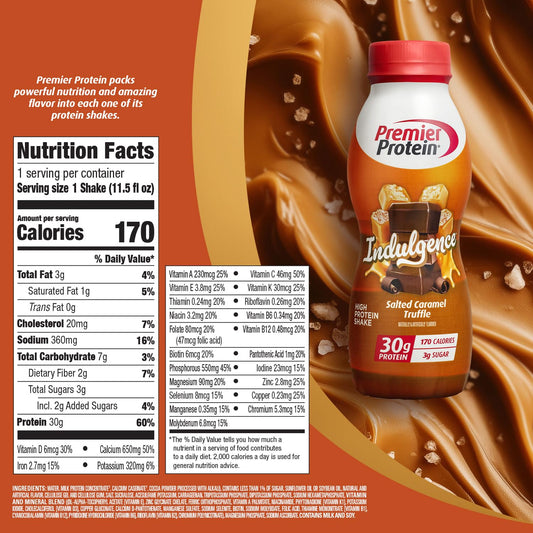 Premier Protein Indulgence salted caramel truffle pour highlights creamy texture ideal after workouts.