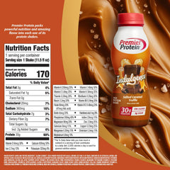 Premier Protein Indulgence salted caramel truffle pour highlights creamy texture ideal after workouts.
