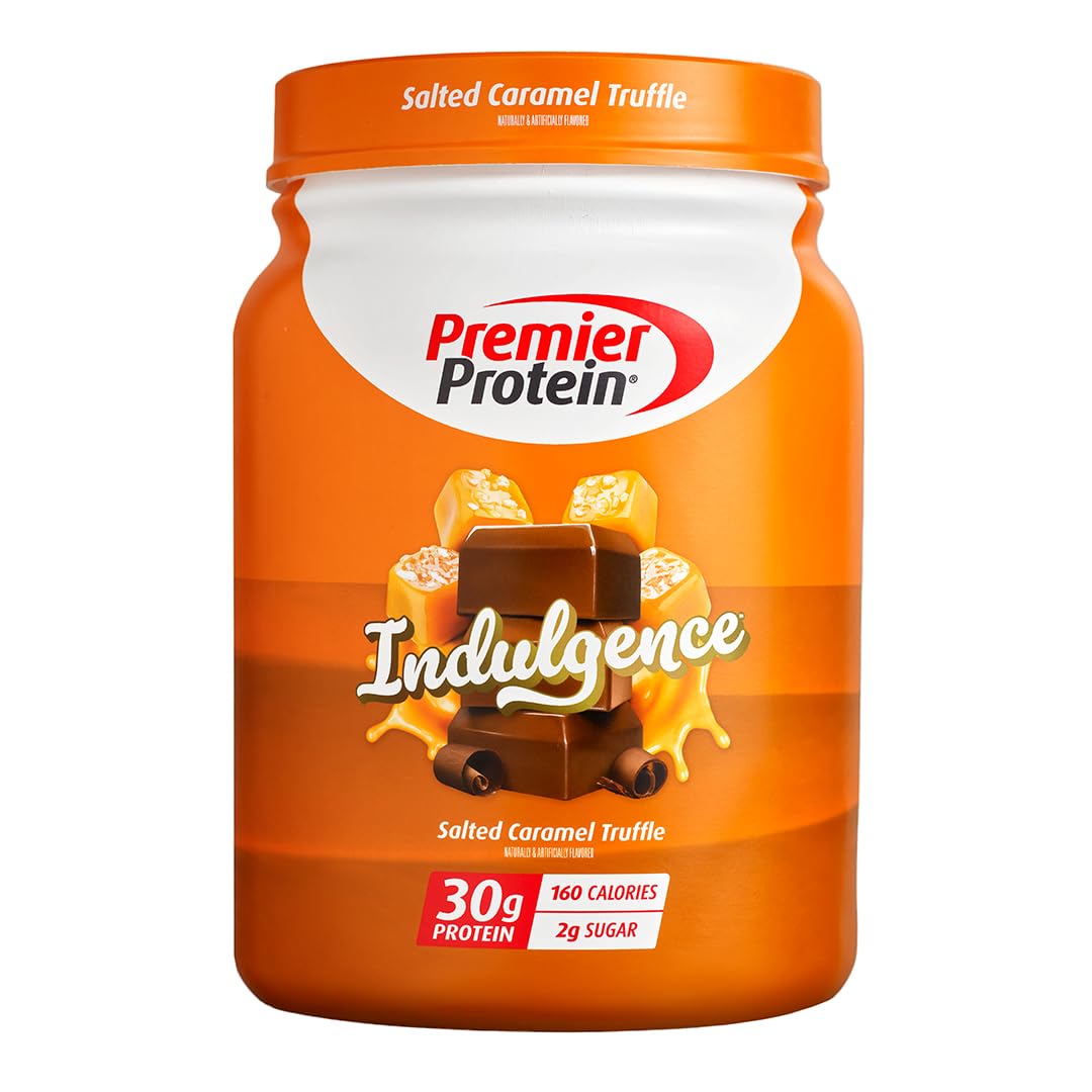 Premier Protein Indulgence Salted Caramel Truffle powder poured for a high-protein shake