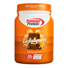Premier Protein Indulgence Salted Caramel Truffle powder poured for a high-protein shake