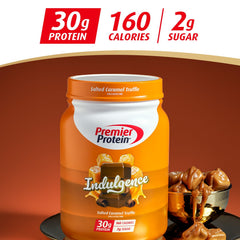 Premier Protein Indulgence Salted Caramel Truffle tub with scoop for convenient serving