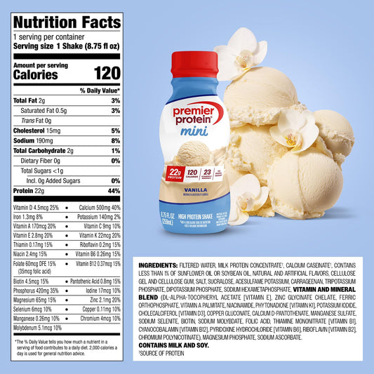 Premier Protein Minis Vanilla pour showing creamy texture and convenience