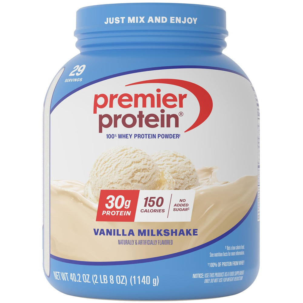 Premier Protein Vanilla Milkshake canister front showing high-protein nutrition.