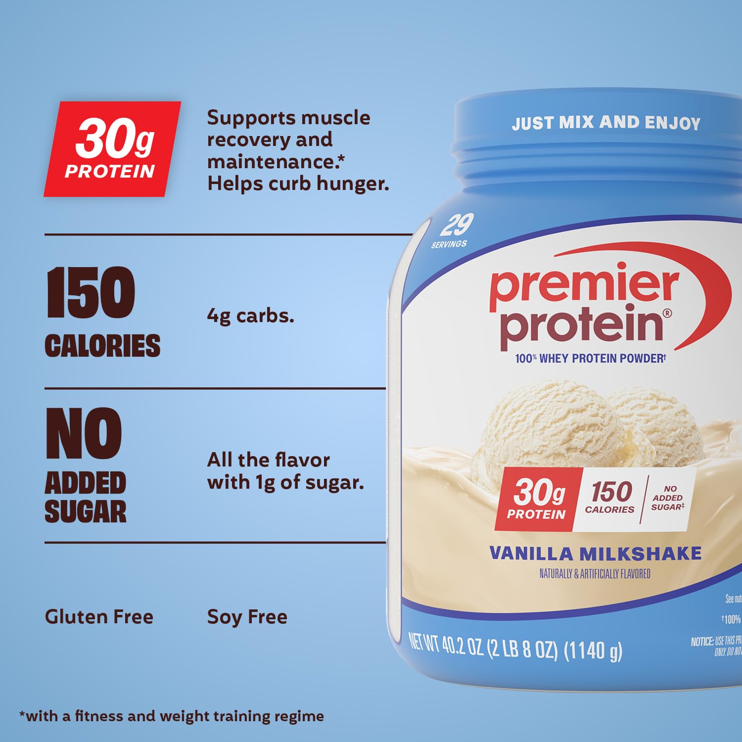 Premier Protein Vanilla Milkshake powder with scoop for shakes and baking.