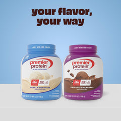 Premier Protein Vanilla Milkshake canister next to 29 servings indicator.