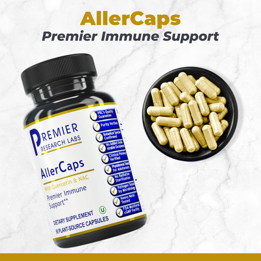 AllerCaps capsules close-up emphasizes NAC and bromelain for potential respiratory comfort.