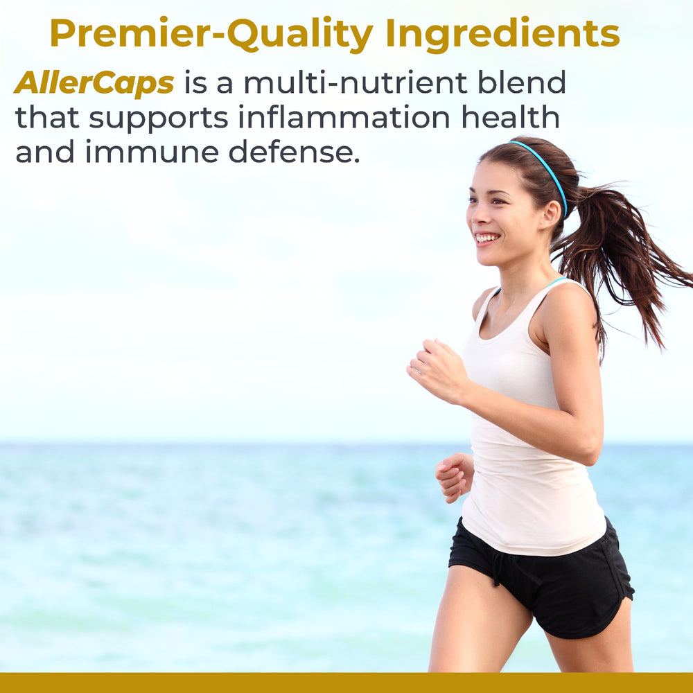 AllerCaps label detail shows quercetin and reishi mushroom components for immune balance.