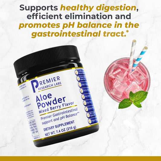 Pouring Premier Research Labs Aloe Powder into water for convenient daily digestion support.