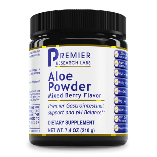 Premier Research Labs Aloe Powder tub with berry flavor for daily hydration and skin vitality.