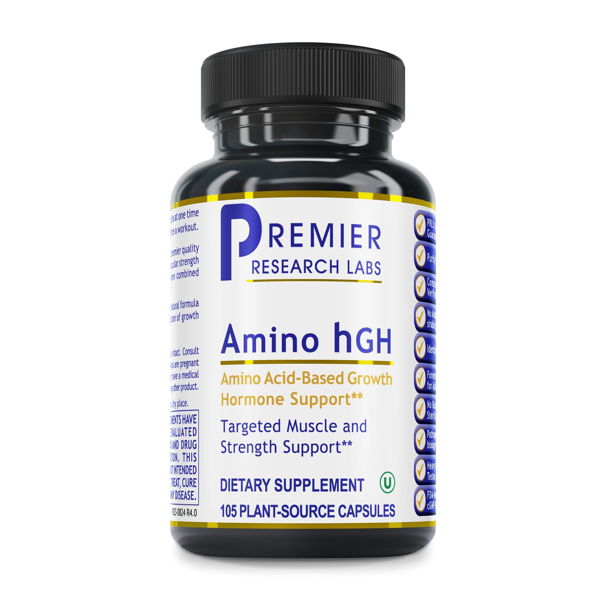 Premier Research Labs Amino HGH bottle with capsules for daily muscle support