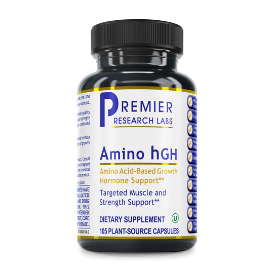 Premier Research Labs Amino HGH bottle with capsules for daily muscle support