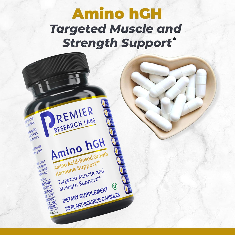 Close-up of Premier Research Labs Amino HGH label highlighting quality blend