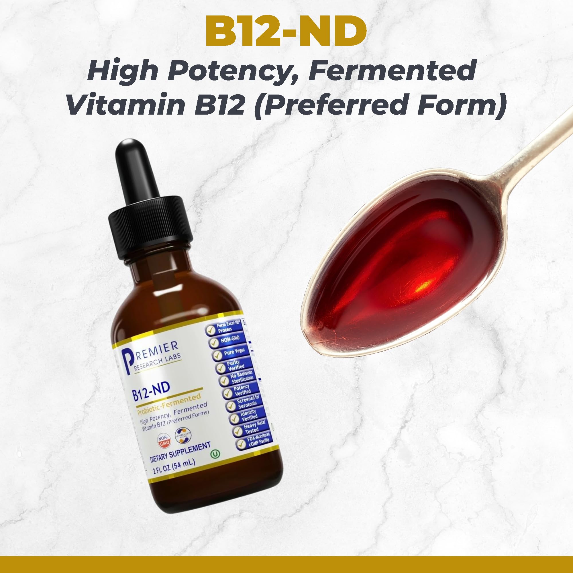 Premier Research Labs B12-ND liquid bottle closeup shows high potency for easy intake.