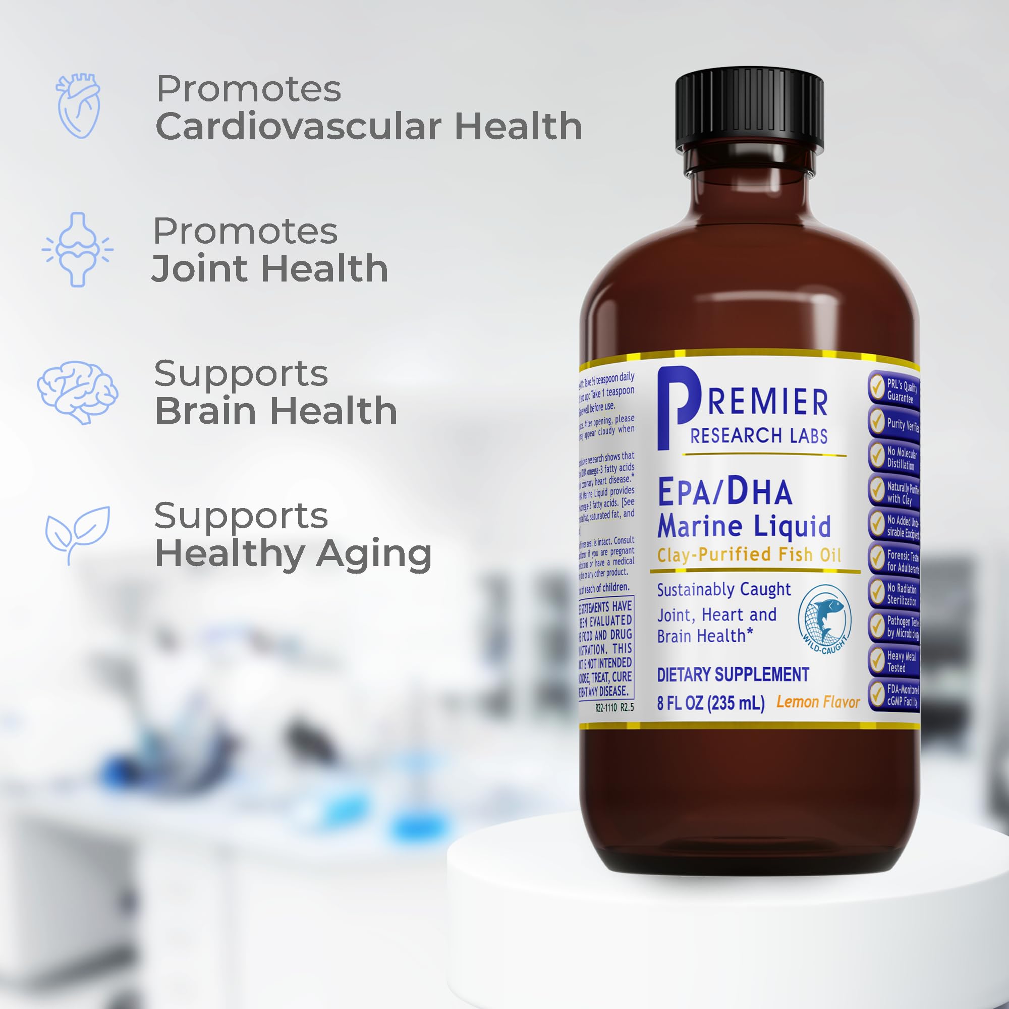 Close-up of Premier Research Labs bottle label emphasizing cold filtration.